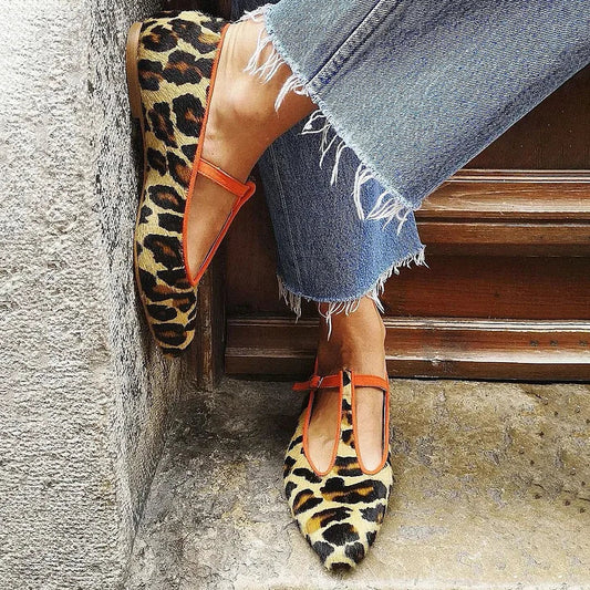 Leopard Print T-Strap Flats