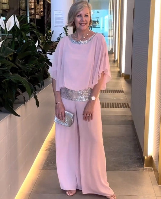 Sequin Trim Wide Leg Two Piece Pant Set