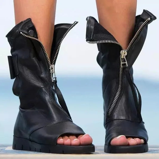 Women's Open Toe Front Zip Flat Ankle Boots