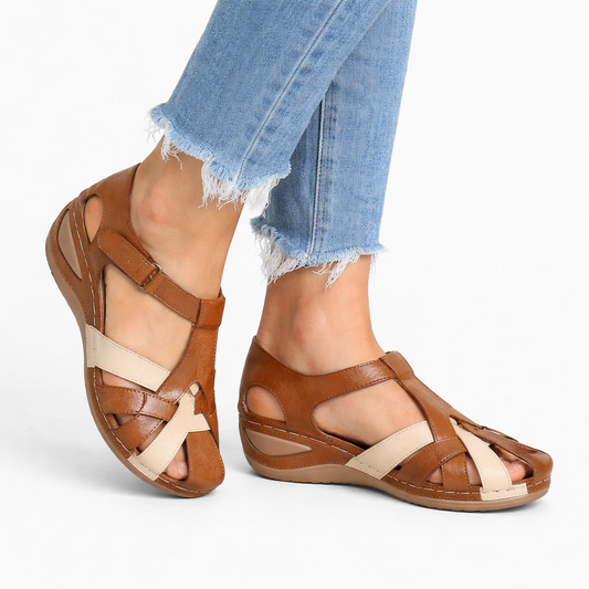 Crossover Strap Leather Wedge Sandals