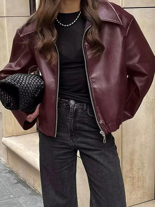 Burgundy Faux Leather Jacket for Women