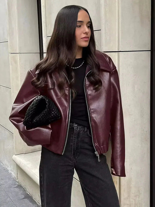 Burgundy Faux Leather Jacket for Women