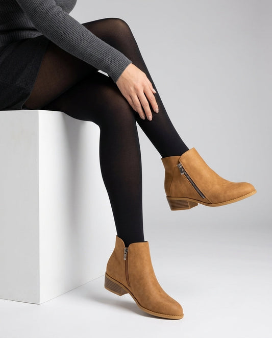 Curved Topline Block Heel Ankle Boots