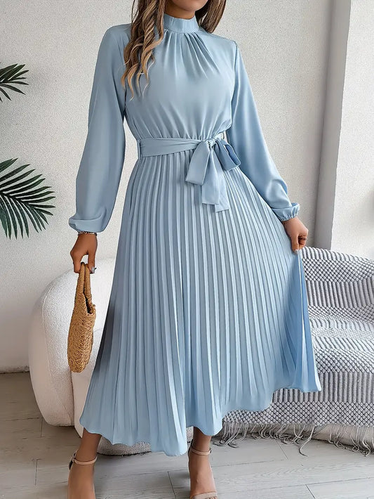 Belted High Neck Pleated Midi Dress