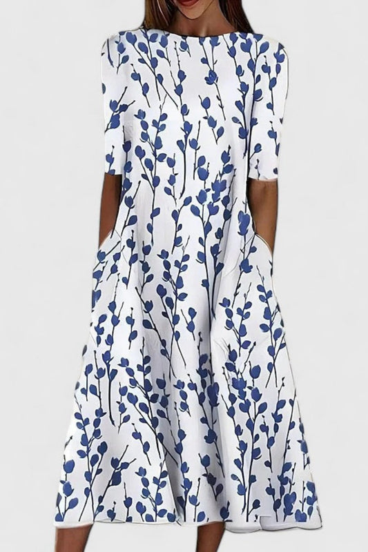 A-Line Floral Midi Dress With Side Pockets