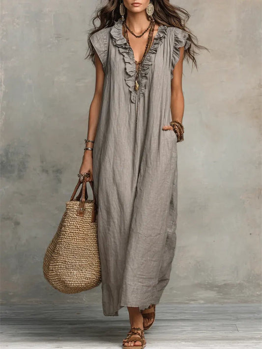 Ruffled Flutter Sleeve V-Neck Maxi Dress
