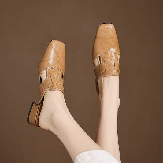Genuine Leather Pointed-Toe Mary Jane Mules