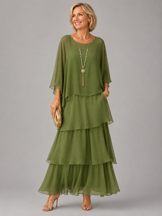 Tiered Chiffon Maxi Dress With Cape Sleeves