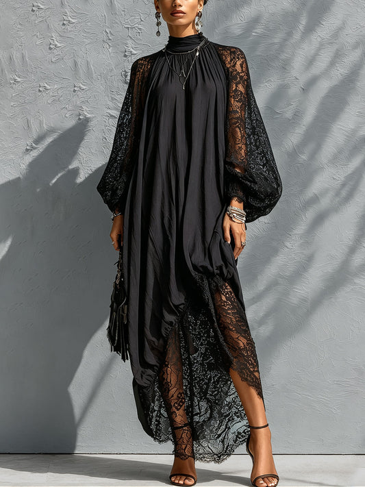 Women's High Neck Lace Balloon Sleeve Maxi Dress