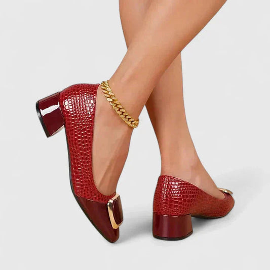 Croc-Embossed Square Toe Block Heel Loafers