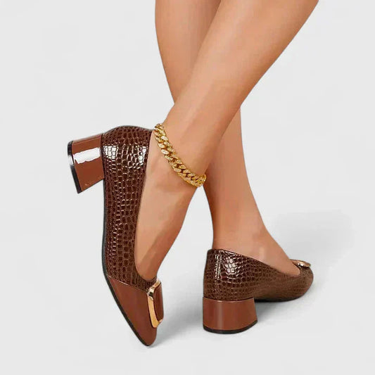 Croc-Embossed Square Toe Block Heel Loafers