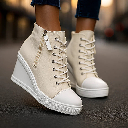 Lace Up Canvas Platform Sneakers With Side Zip
