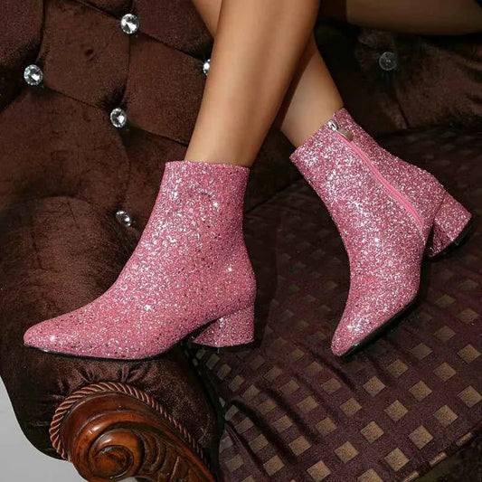 Glitter Block-Heel Party Ankle Boots