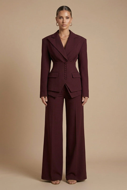Women's Peaked Lapel Blazer and Wide-Leg Trousers Suit