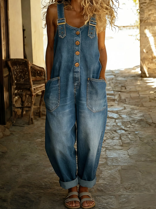 Women's Wide Leg Denim Dungarees Adjustable Straps