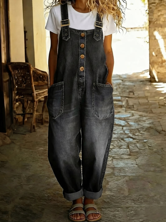 Women's Wide Leg Denim Dungarees Adjustable Straps