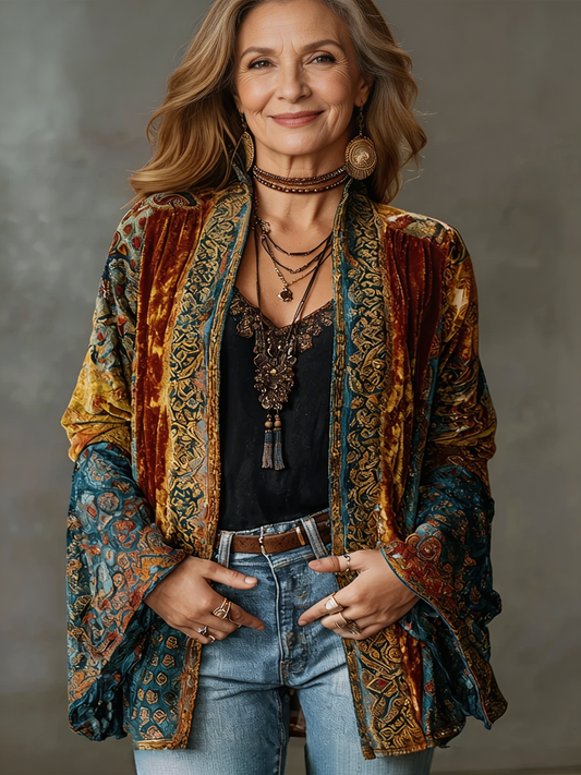 Embroidered Boho Open Front Kimono Cardigan