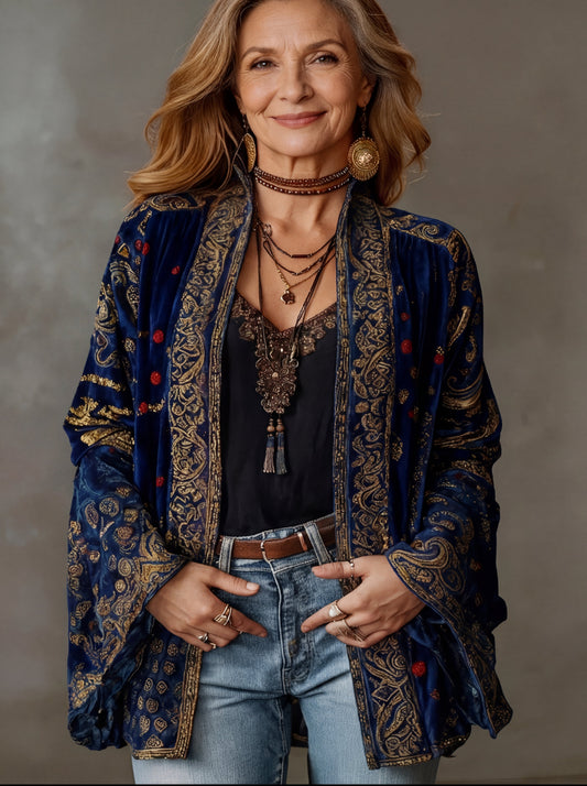 Embroidered Boho Open Front Kimono Cardigan