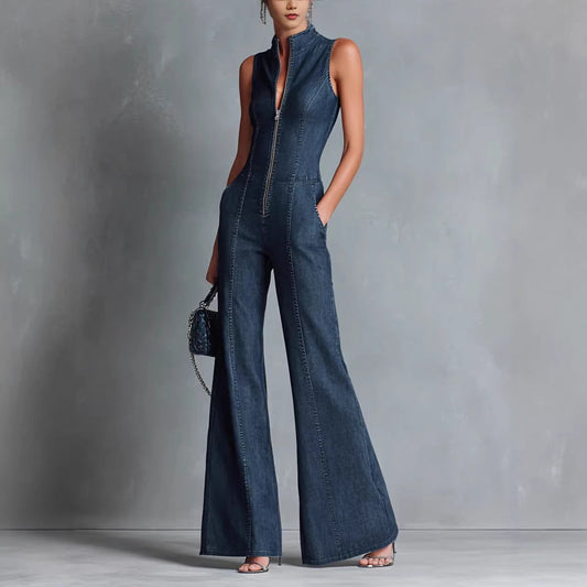 Women's Sleeveless High Neck Zip Front Denim Jumpsuit