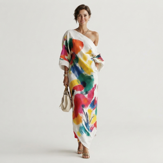 Abstract Print One Shoulder Maxi Dress
