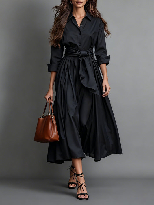 Women's A Line Tie Belt Midi Shirt Dress