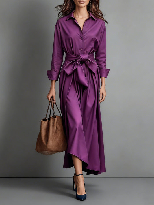 Women's A Line Tie Belt Midi Shirt Dress