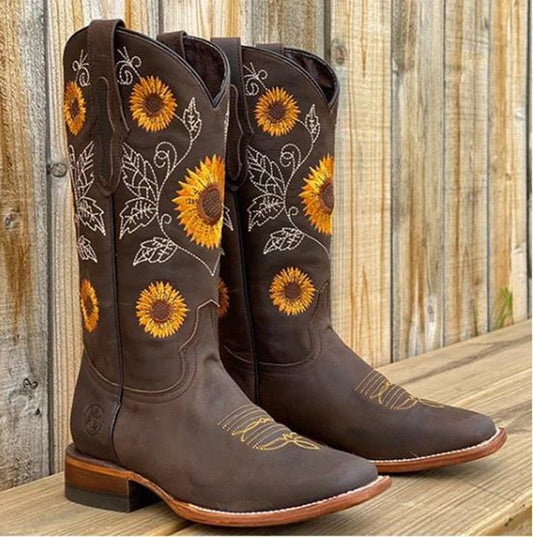 Laura Women's Embroidered Sunflower Mid-Calf Cowboy Boots