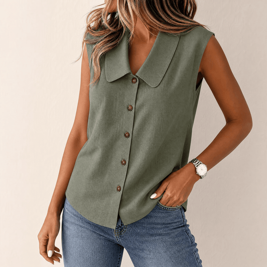 Collared V-Neck Sleeveless Summer Blouse