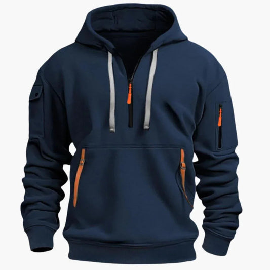 Men's Half-Zip Hoodie with Adjustable Hood and Zipper Pockets