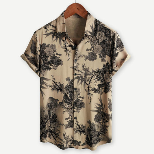 Men's Vintage Floral Short Sleeve Shirt with Roll Cuffs