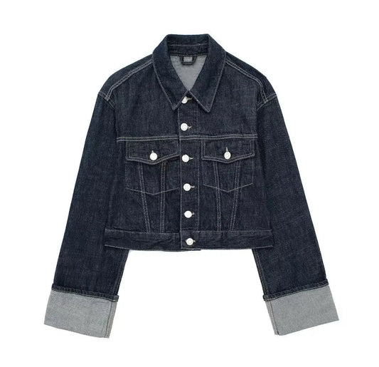 Cropped Button-Front Denim Jacket