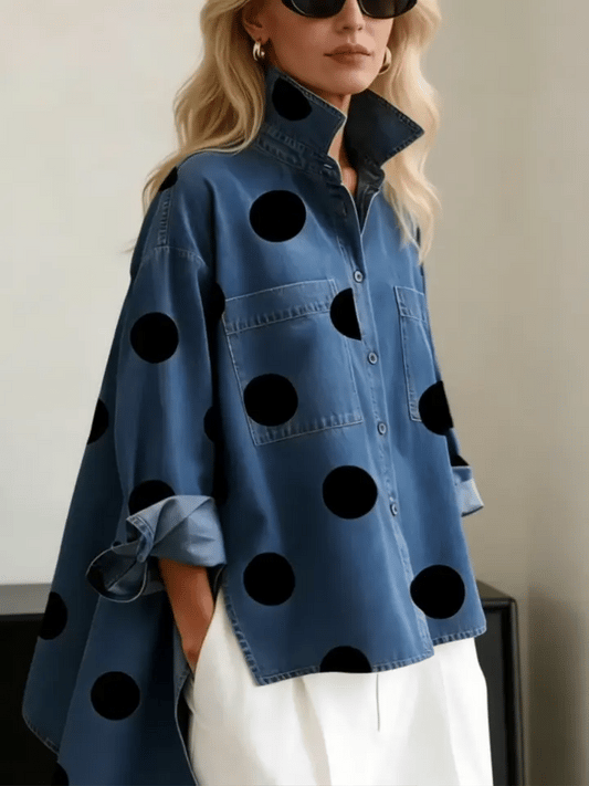 Polka Dot Stand Collar Long Sleeve Denim Top