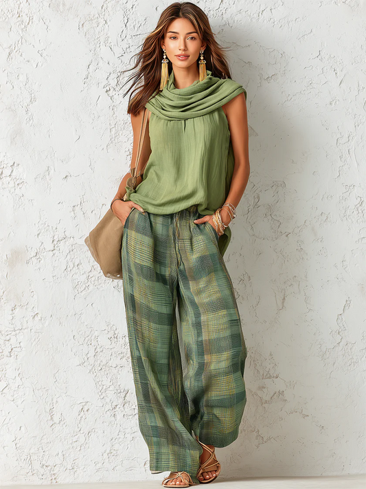 Printed Blouse And Wide Leg Trouser Set