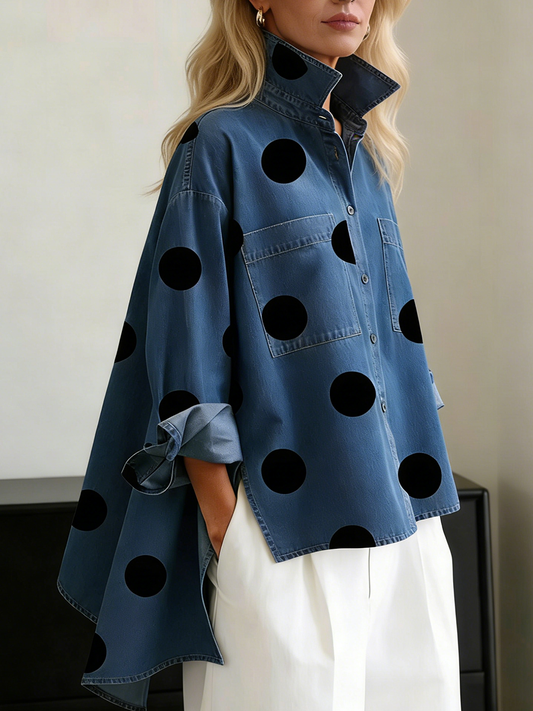 Polka Dot Stand Collar Long Sleeve Denim Top