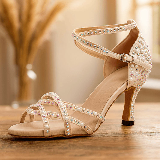 Satin Ballroom Dance Heels With Crystal Detail