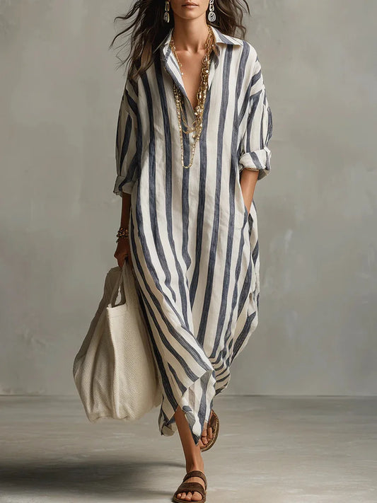 Striped V Neck Long Sleeve Maxi Shirt Dress