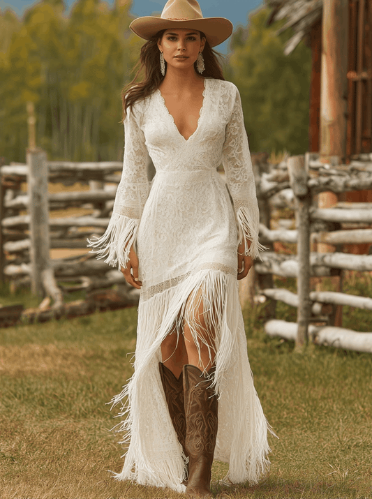 Floral Lace Fringe Hem Long Sleeve Maxi Dress