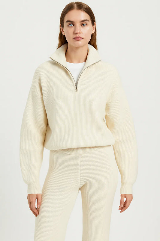 Knit Two-Piece Set for Women - Beige Ribbed Half-Zip Lounge Set - Casual & Travel