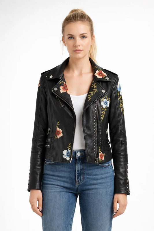 Embroidered Floral Faux Leather Jacket