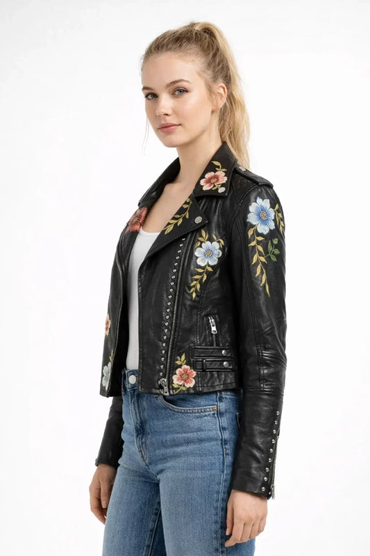 Embroidered Floral Faux Leather Jacket