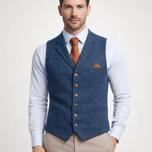 Men's Plaid Lapel Waistcoat with Chest Pocket