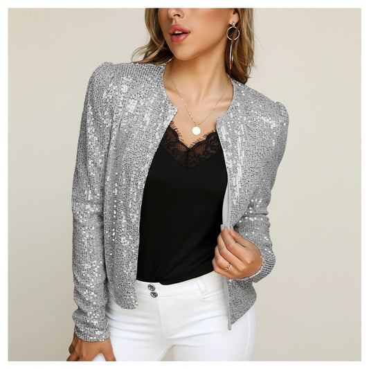 Sequin Open-Front Evening Jacket with Long Sleeves