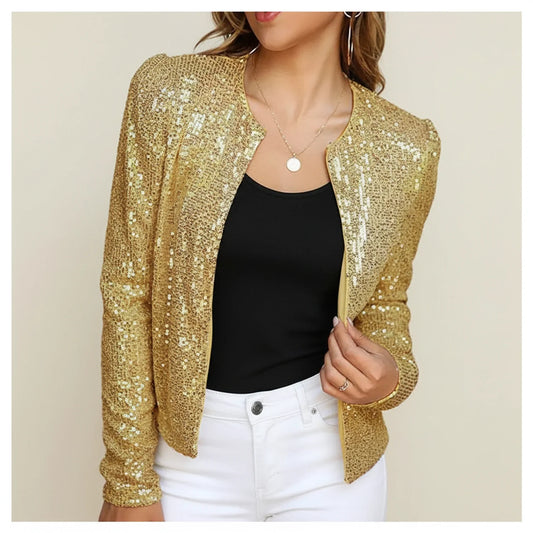 Sequin Open-Front Evening Jacket with Long Sleeves