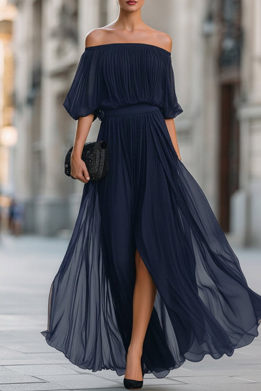 Pleated Chiffon Bardot Maxi Dress With Slit