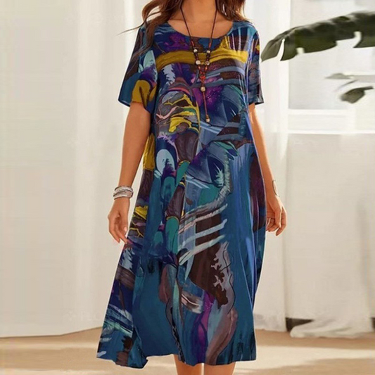 Mid-Calf Short Sleeve Round Neck Midi Dress
