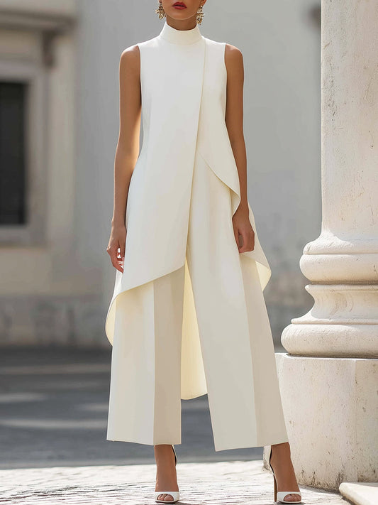Sleeveless Mandarin Collar Top And Trouser Set