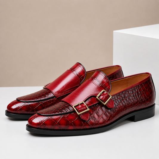 Men's Double Buckle Embossed Dress Loafers