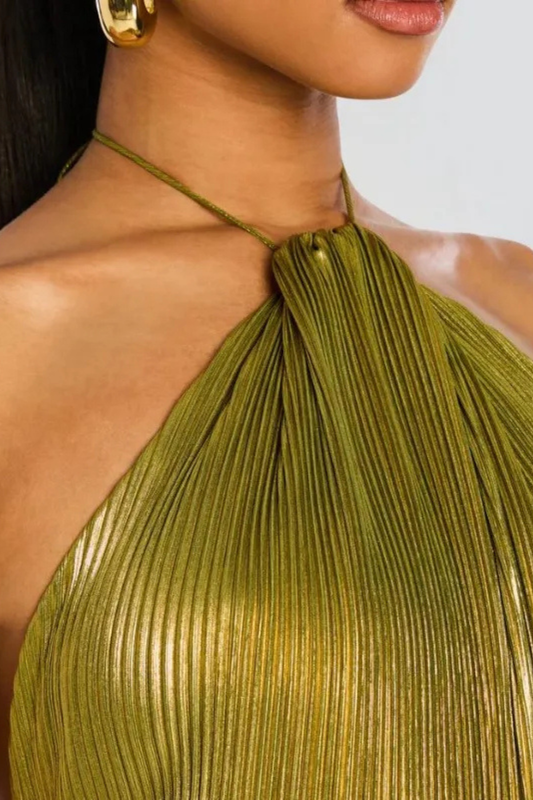 Pleated Satin Halter Maxi Dress