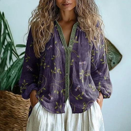 Vintage Floral V-Neck Button Blouse