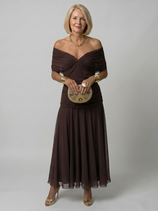 Off Shoulder Draped Neckline Flared Midi Dress